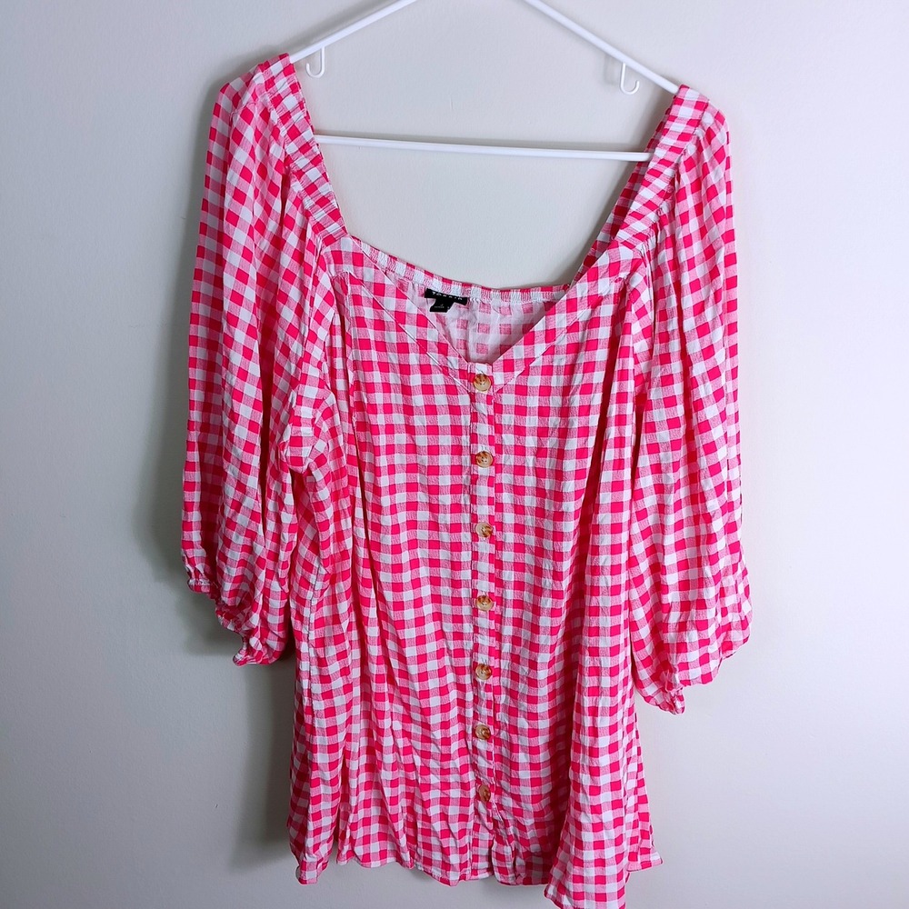 Torrid Gingham Blouse Womens 4 Pink Excellent Square Neck Button Front Peasant